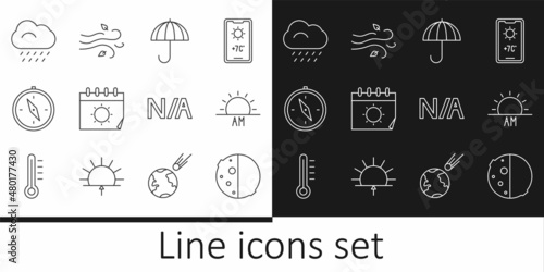 Set line Eclipse of the sun, Sunrise, Umbrella, Calendar and, Compass, Cloud with rain, Not applicable and Wind icon. Vector