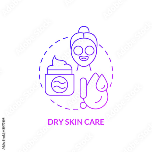 Dry skin care purple gradient concept icon. Daily beauty routines. Cosmetological procedures abstract idea thin line illustration. Isolated outline drawing. Roboto-Medium, Myriad Pro-Bold fonts used