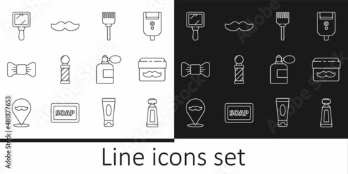 Set line Cream or lotion cosmetic tube, jar, Hairbrush, Classic Barber shop pole, Bow tie, Hand mirror, Aftershave bottle with atomizer and Mustache icon. Vector