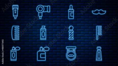 Set line Cream or lotion cosmetic tube, Hairbrush, Beard and mustaches care oil bottle, Shaving gel foam, Electrical hair clipper shaver, Classic Barber shop pole and dryer icon. Vector