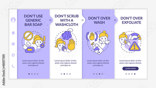 Skincare donts purple and white onboarding template. Wrong procedures. Responsive mobile website with linear concept icons. Web page walkthrough 4 step screens. Lato-Bold, Regular fonts used