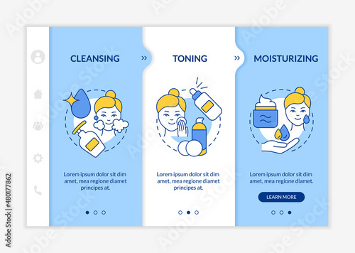 Skincare routine steps blue and white onboarding template. Beauty procedures. Responsive mobile website with linear concept icons. Web page walkthrough 3 step screens. Lato-Bold, Regular fonts used