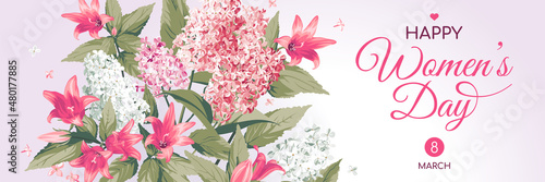Horizontal 8 March Women's Day greeting card template. Frame with text and flowers - pink Campanula and Lilac on light Background.