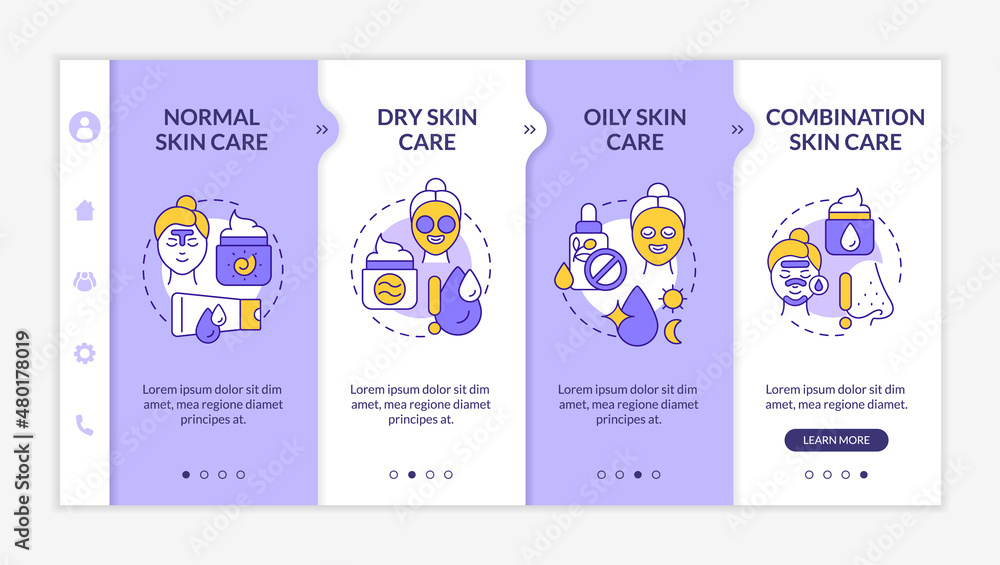 Skin types care purple and white onboarding template. Beauty tips. Responsive mobile website with linear concept icons. Web page walkthrough 4 step screens. Lato-Bold, Regular fonts used