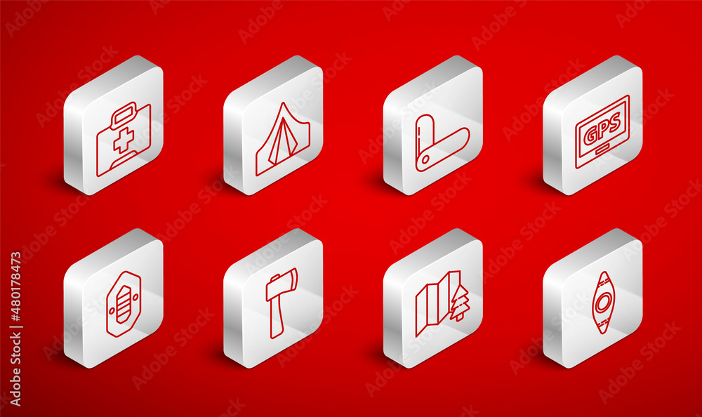 Set line Kayak or canoe, Tourist tent, Swiss army knife, Gps device with map, Location of the forest, First aid kit, Wooden axe and Rafting boat icon. Vector Set line Kayak or canoe, Tourist tent, Swiss army knife, Gps device with map, Location of the forest, First aid kit, Wooden axe and Rafting boat icon. Vector