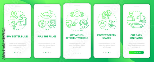 Air pollution prevention green gradient onboarding mobile app screen. Walkthrough 5 steps graphic instructions pages with linear concepts. UI, UX, GUI template. Myriad Pro-Bold, Regular fonts used