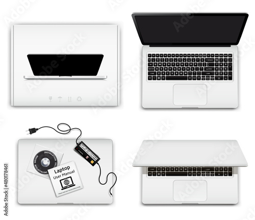 New notebook computer and cardboard box top view