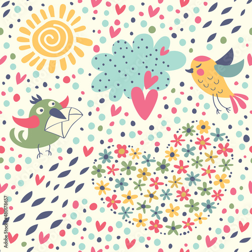 Romantic pattern with cute birds, flowers, balloons and ribbons.