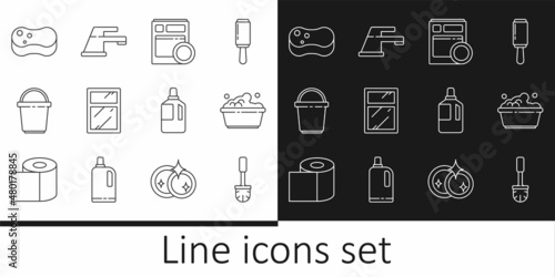 Set line Toilet brush, Plastic basin with soap suds, Kitchen dishwasher machine, Cleaning service for windows, Bucket, Sponge, Fabric softener and Water tap icon. Vector