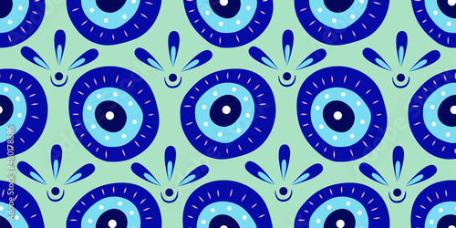 Greek eye Turkish amulet seamless pattern. Turkish eye blue for amulet and protection in endless pattern. Vector illustration in a flat style