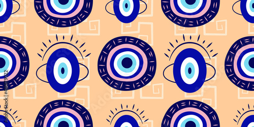 Greek eye Turkish amulet seamless pattern. Turkish eye blue for amulet and protection in endless pattern. Vector illustration in a flat style