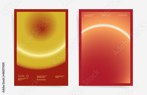 Futuristic modern art poster cover design set. Brochure template layouts with scientific neon gradient. Vector geometric space a4 background. Red and yellow sun colors.

