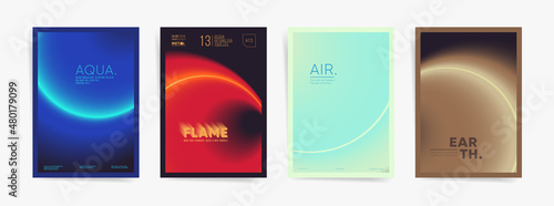 Four elements gradient art poster cover design collection. Brochure template set layouts with fire, water, earth and air pattern. Vector minimal vertical a4 background. Presentation report banners.