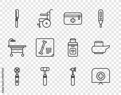 Set line Electric toothbrush, Nurse hat with cross, First aid kit, Neurology reflex hammer, Medical saw, X-ray shots, otoscope tool and Bedpan icon. Vector