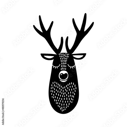 Deer head silhouette. Stylized drawing reindeer in simple scandi style. Nursery scandinavian art. Black and white vector illustration