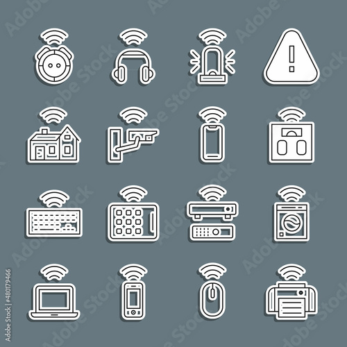 Set line Smart printer, washer, bathroom scales, flasher siren, security camera, home with wireless, Robot vacuum cleaner and Wireless smartphone icon. Vector