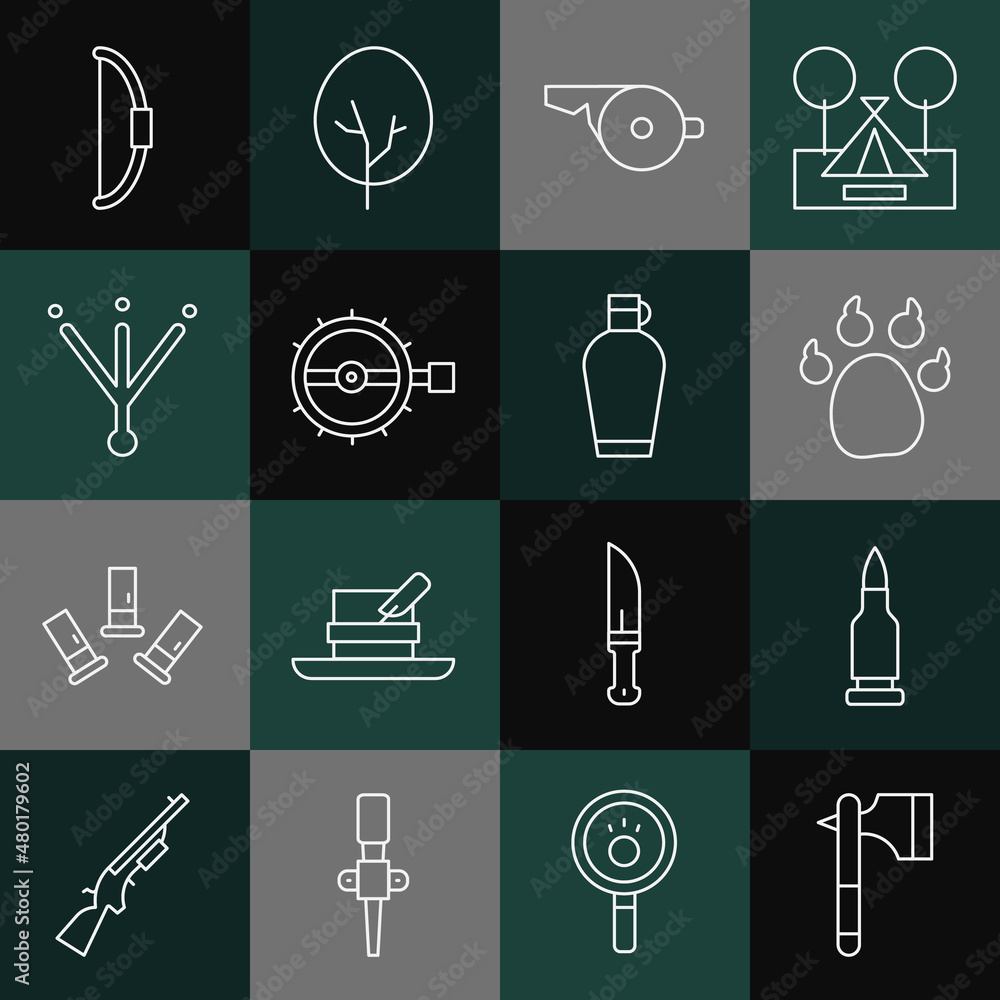 Set line Wooden axe, Bullet, Paw print, Whistle, Trap hunting, Bird footprint, Bow and Canteen water bottle icon. Vector Set line Wooden axe, Bullet, Paw print, Whistle, Trap hunting, Bird footprint, Bow and Canteen water bottle icon. Vector