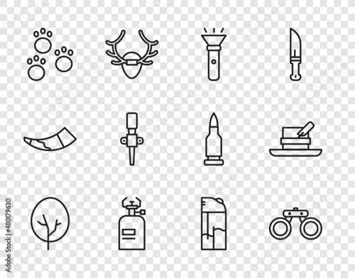Set line Tree, Binoculars, Flashlight, Camping gas stove, Paw print, Torch flame, Lighter and Hunter hat with feather icon. Vector