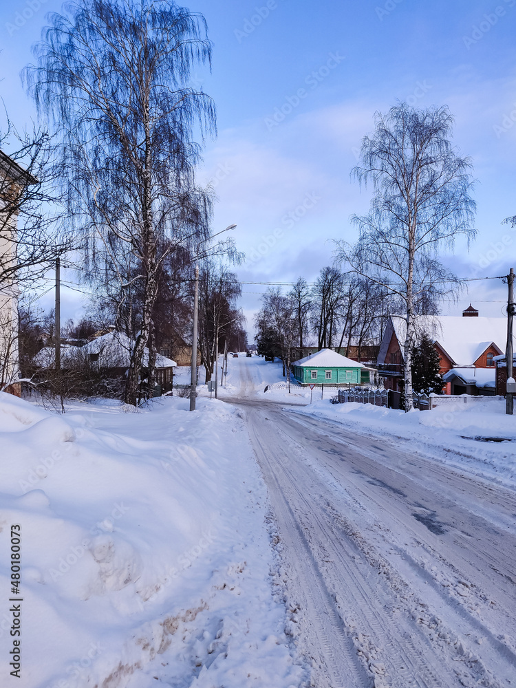 Rural Russian winter landscape with Myshkin village