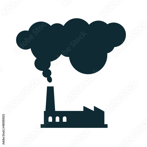 Factory power plant carbon dioxide smoke pollution icon vector or chemical production of chimney pipe in the air with black cloud emission pictogram flat cartoon