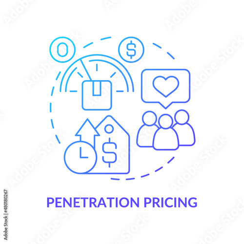Penetration pricing blue gradient concept icon. Offering discounted price for new product abstract idea thin line illustration. Isolated outline drawing. Roboto-Medium, Myriad Pro-Bold fonts used