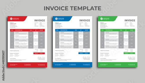 Invoice minimal design for corporate business.Clean invoice template in 3 different colors. Print-ready business price invoices and payment agreement vector bill stationery design templates. 