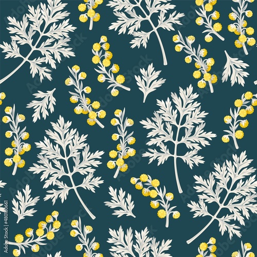 Wormwood leaf and flower vector seamless pattern