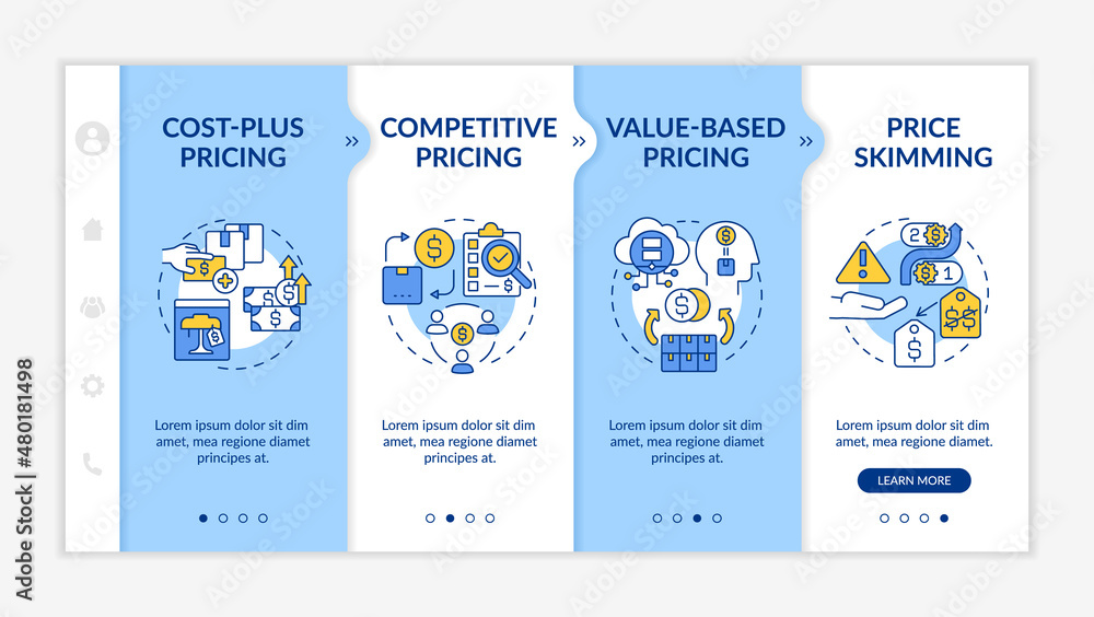 Pricing strategies blue and white onboarding template. Competitive method. Responsive mobile website with linear concept icons. Web page walkthrough 4 step screens. Lato-Bold, Regular fonts used