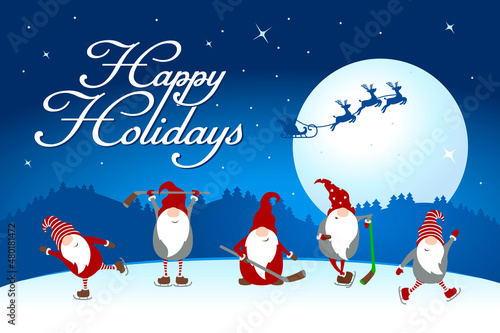 Christmas card "Happy Holidays" with cute Christmas gnomes on a skating rink with a mountain landscape. Vector illustration