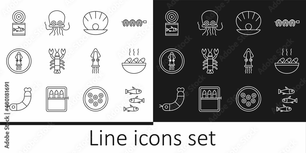 Set line Fishes, soup, Shell with pearl, Lobster, Octopus on plate, Canned fish, and icon. Vector