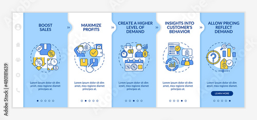 Dynamic pricing benefits blue and white onboarding template. Maximize profits. Responsive mobile website with linear concept icons. Web page walkthrough 5 step screens. Lato-Bold, Regular fonts used