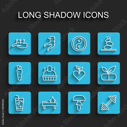 Set line Fresh smoothie, Massage table with oil, Acupuncture therapy, Mushroom, Dumbbell, Sauna and spa procedures, Medical pill plant and Heart icon. Vector