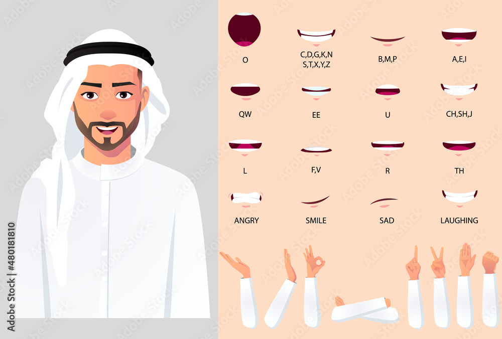 Arab Man Character Mouth Animation an Had Gestures For Animation and lip  Sync, Businessman Wearing White Cloth and turban Stock Vector | Adobe Stock