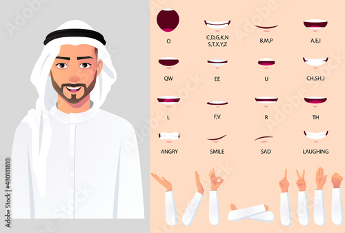 Arab Man Character Mouth Animation an Had Gestures For Animation and lip Sync, Businessman Wearing White Cloth and turban