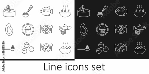 Set line Fish soup, with caviar, Puffer fish, Jellyfish on plate, Mussel, Tin can, Served cucumber and Sushi icon. Vector
