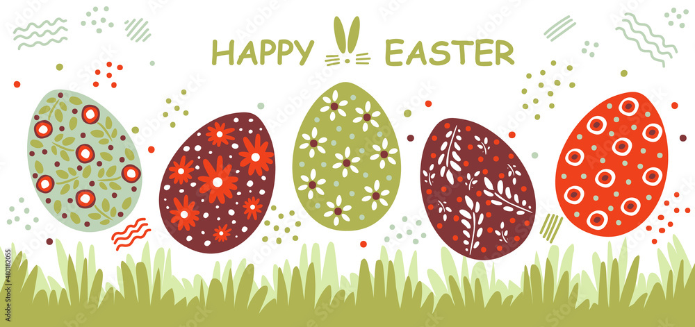 Easter card with Easter eggs in the grass. Multicolored eggs on a white background. Flat design. Vector illustration. Easter card with Easter eggs in the grass. Multicolored eggs on a white background. Flat design. Vector illustration.