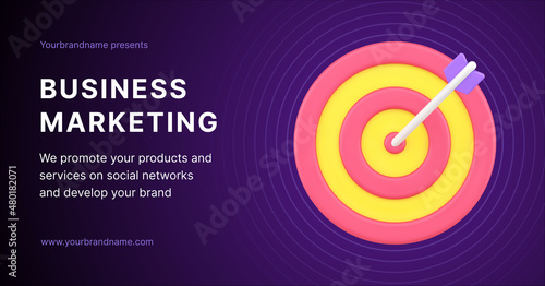 Successful business marketing service promo banner with target aim arrow in bullseye 3d icon vector