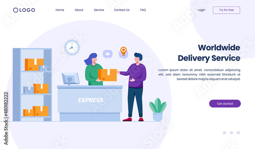 Worldwide delivery service concept, express delivery landing page website illustration flat vector template