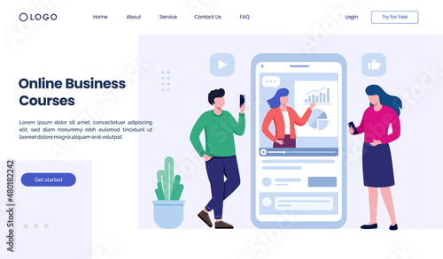 Online business courses concept. e-learning landing page website illustration flat vector template banner and background