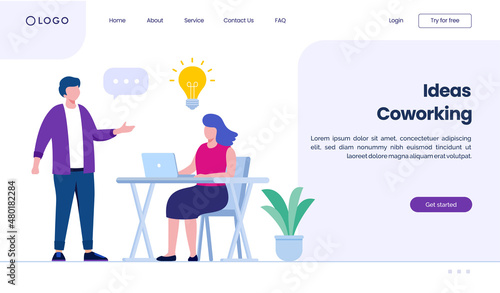 Ideas coworking concept. startup business landing page website illustration flat vector template background