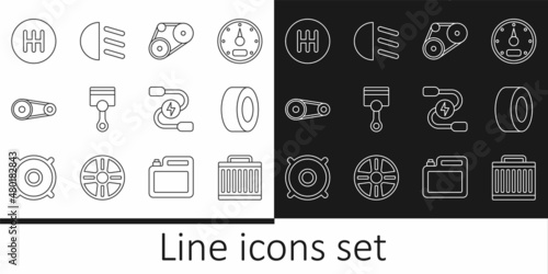 Set line Car radiator cooling system, tire, Timing belt kit, Engine piston, Gear shifter, battery jumper power cable and High beam icon. Vector