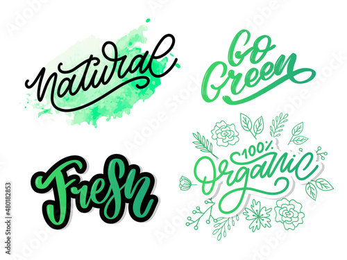 Go Green label, trendy brush lettering, inspirational phrase. Vegetarian concept. Vector calligraphy for vegan shop, cafe, restaurant menu, badges, stickers, banners, logos. Modern typography