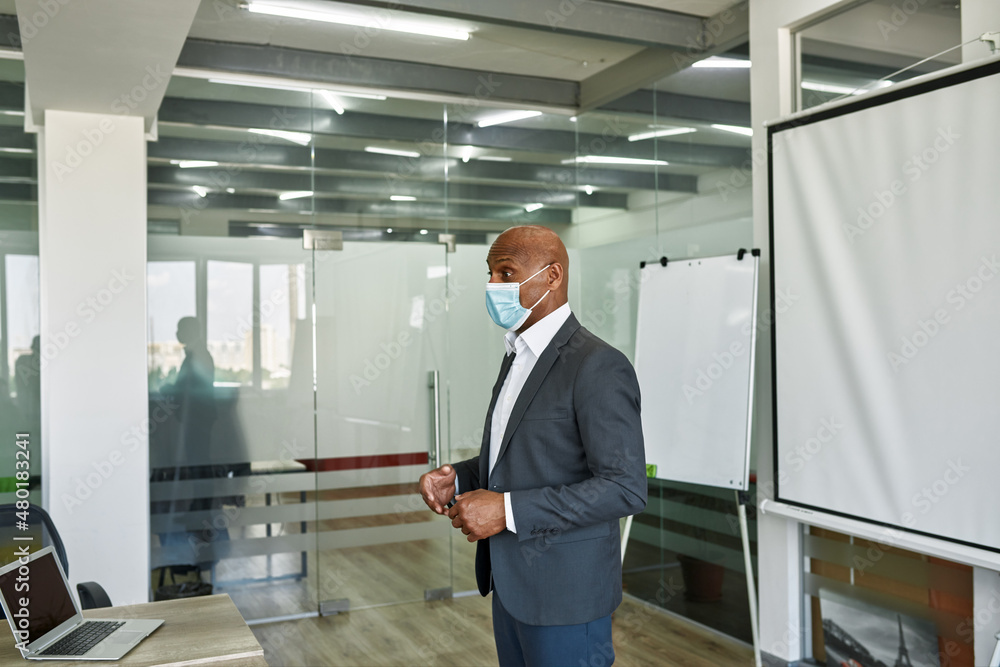 Male company leader stand and tell to employees Male company leader stand and tell to employees