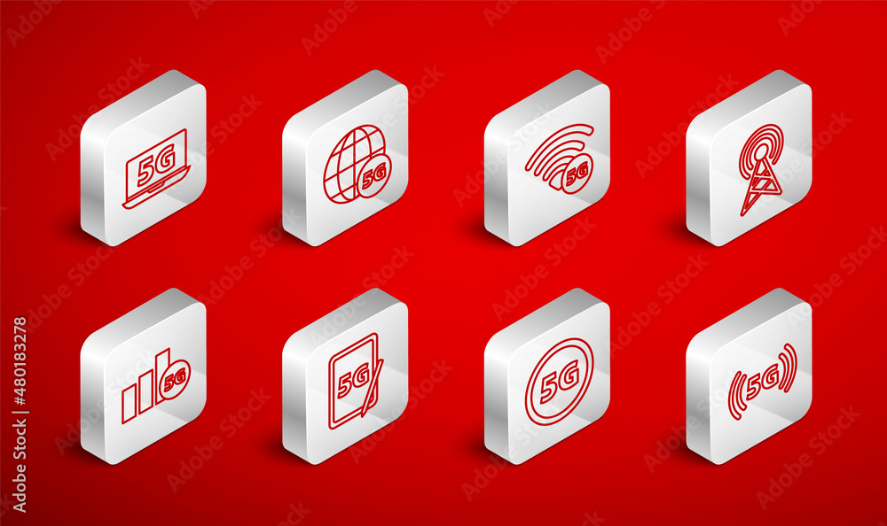 Set line 5G network, Antenna, Laptop with, Graphic tablet and icon. Vector Set line 5G network, Antenna, Laptop with, Graphic tablet and icon. Vector