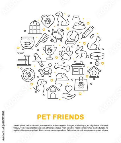 Pet friends. Vector infographic background of thin line pet and veterinary icons with dog, cat, bird, turtle, fish, animal toys. Outline collection for web design, banner, pet shop, veterinary clinic