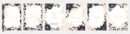Hand drawn invitation cards with flowers and leaves in line art. Brush, drops, lines and strokes of paint. Abstract vector set illustration.