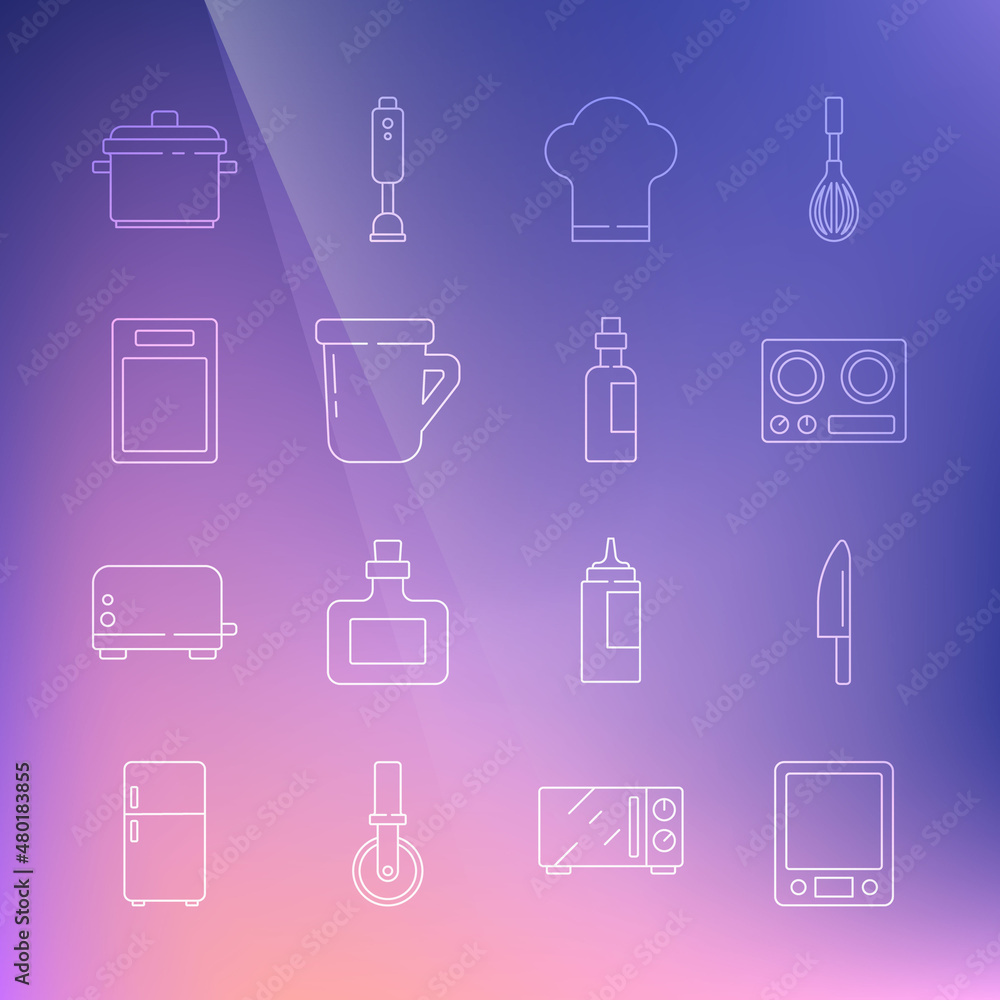 Set line Electronic scales, Knife, Gas stove, Chef hat, Coffee cup, Cutting board, Cooking pot and Bottle olive oil icon. Vector Set line Electronic scales, Knife, Gas stove, Chef hat, Coffee cup, Cutting board, Cooking pot and Bottle olive oil icon. Vector