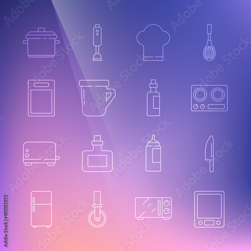 Set line Electronic scales, Knife, Gas stove, Chef hat, Coffee cup, Cutting board, Cooking pot and Bottle olive oil icon. Vector