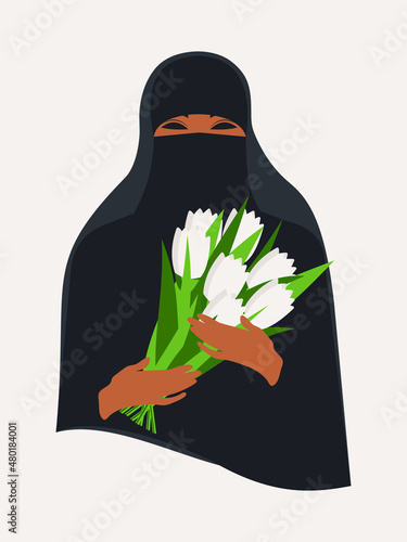 A woman in traditional Muslim clothing holds tulips in her hands. Girl in hijab with white flowers. Modern postcard for International Women's Day and 8 March. Vector.