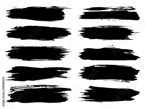 Vector collection or set of artistic black paint, ink or acrylic hand made creative brush stroke backgrounds isolated on white as grunge or grungy art, education abstract elements frame design